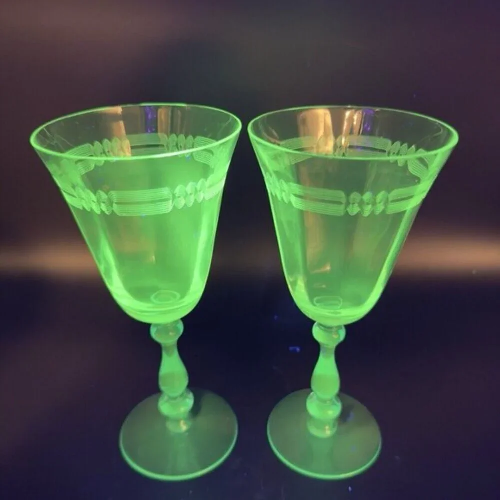 Antique Tiffin Franciscan Tall Blue Stem 2‎ Glasses Etched Manganese 365nm UV